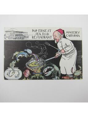 Postcard Pop Ernest Sea Food Restaurant Monterey California Chef Fish Antique